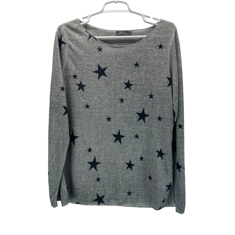 Geisha Fashion Gray Star Print Long Sleeve Top Blouse Silver Edge All Over XL/42